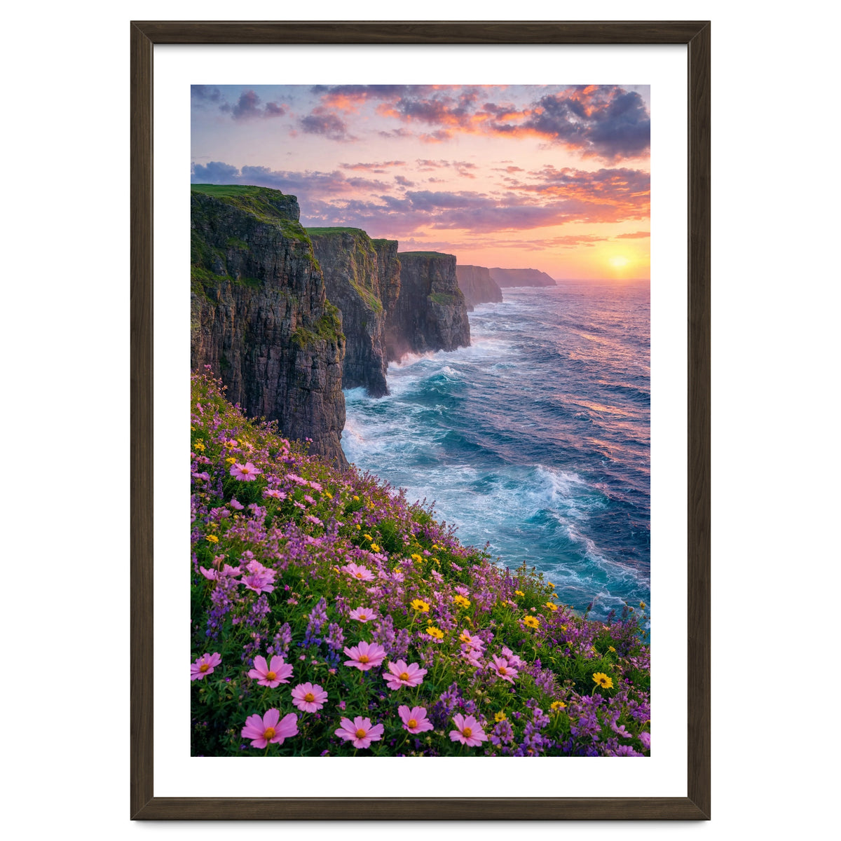 Coastal Sunset Wildflowers: Dramatic Ocean Cliffs and Floral Meadow