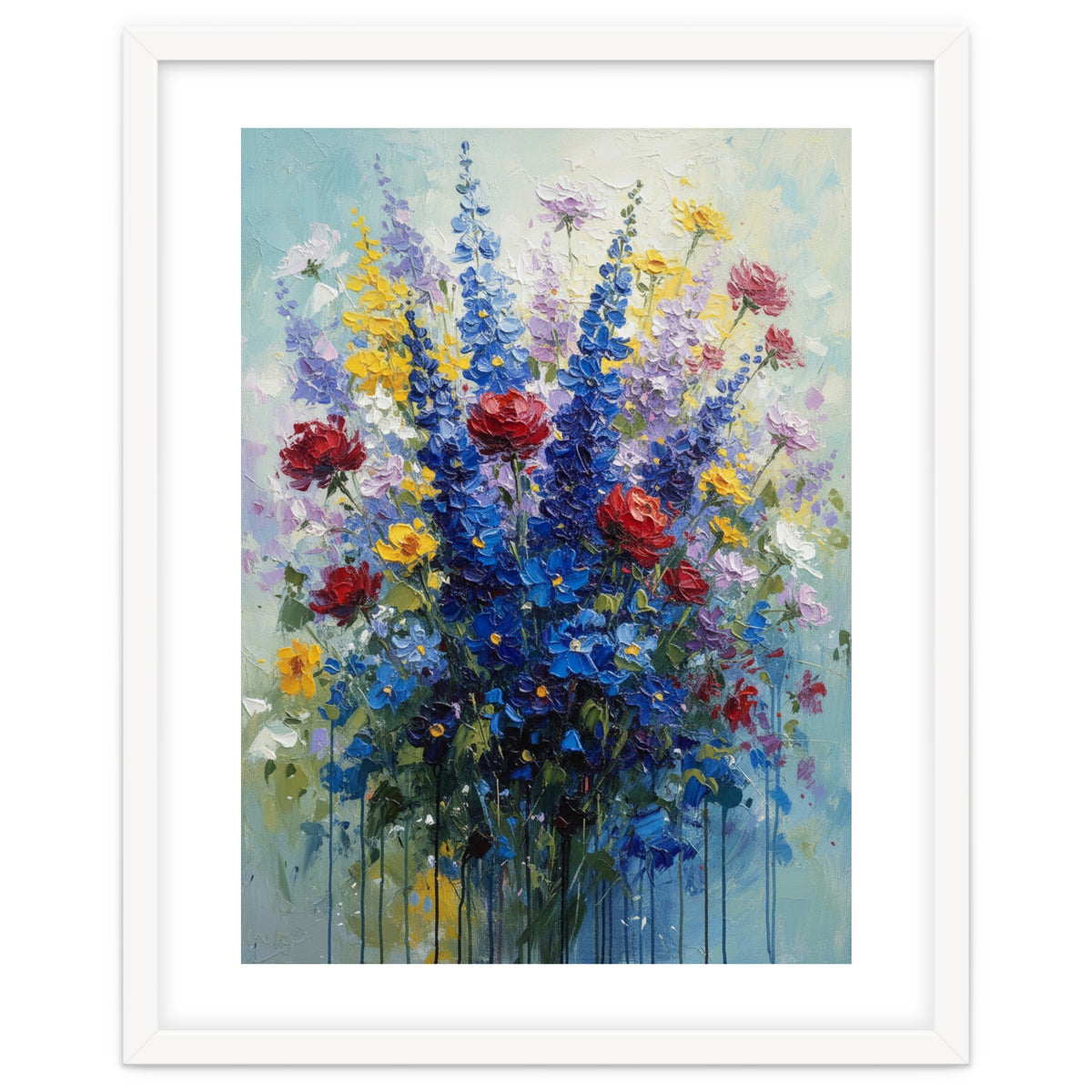 Vibrant Blue Delphinium and Red Rose Heavy Impasto Oil Painting