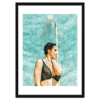 Bathe | Woman Pool Shower | Summer Swim Watercolor Painting | Brunette Bikini Boho Fashion