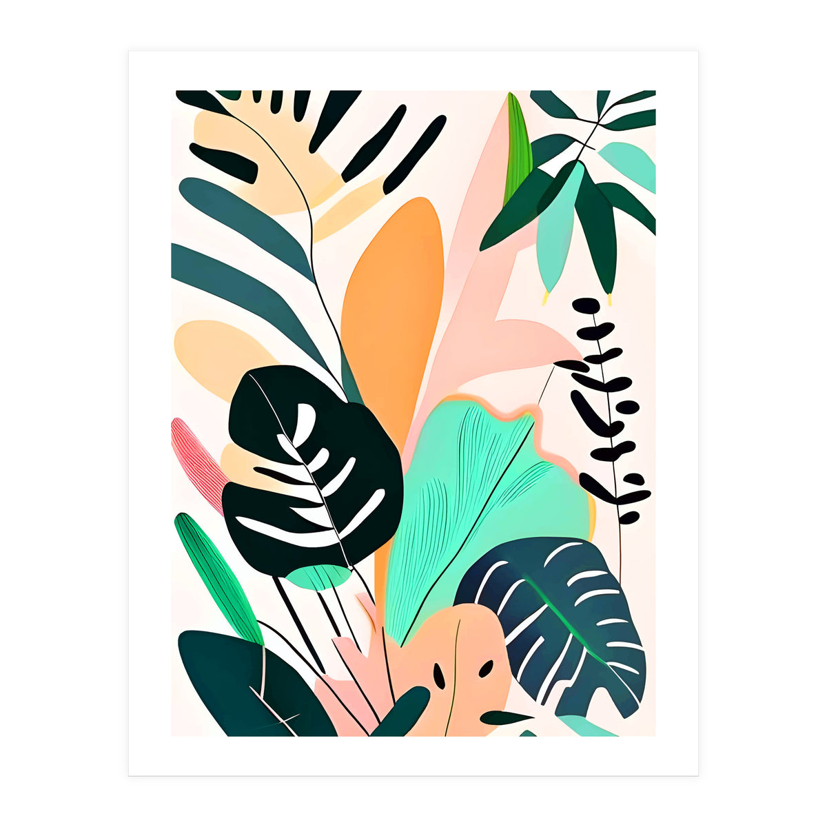 Pastello, Tropical Pastel Jungle, Botanical Neutral Muted Colors, Nature Plants Drawing Monstera, Exotic Bohemian Summer (Print Only)