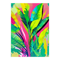 Pink Summer & Banana Leaves, Tropical Jungle Pop Of Color Nature, Forest Plants Bohemian Eclectic Watercolor Painting (Print Only)
