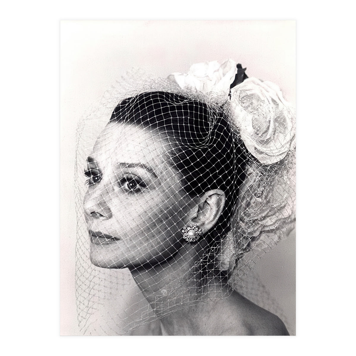 Audrey Hepburn with Veil, Classic Hollywood Glamour Photography, Black and White Icon Portrait (Print Only)