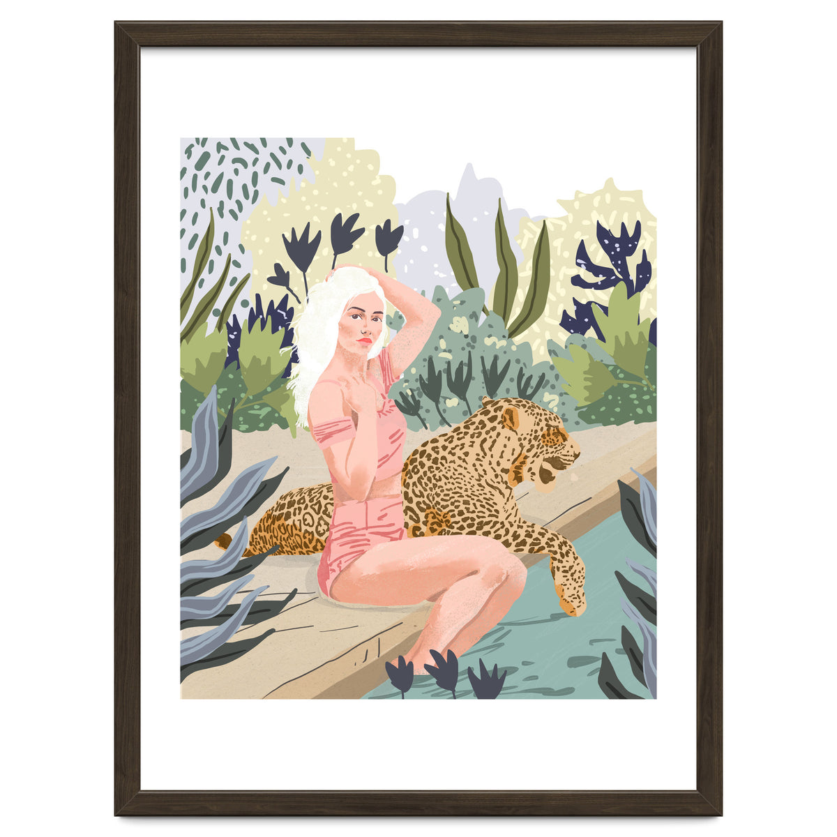 How to Train Your Leopard, Wild Cat Bohemian Woman Painting, Swimming Pool Bikini Summer Swim Animal