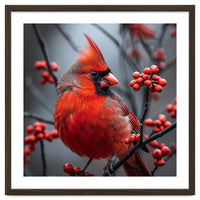 Northern Cardinal Bird Perched Among Red Berries