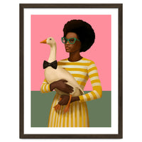 Stylish Woman Holding Goose In Striped Dress