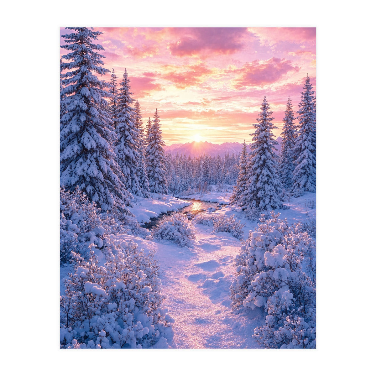 Winter Sunset Glow: Serene Snowy Forest and Frozen Creek (Print Only)