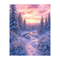 Winter Sunset Glow: Serene Snowy Forest and Frozen Creek (Print Only)