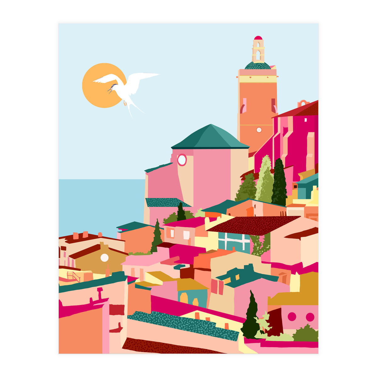 Crimson Rouge, Colorful Architecture Buildings, Greece Cityscape Skyline, Seagull Travel Summer Eclectic Bohemian Pop Of Color Positivity (Print Only)