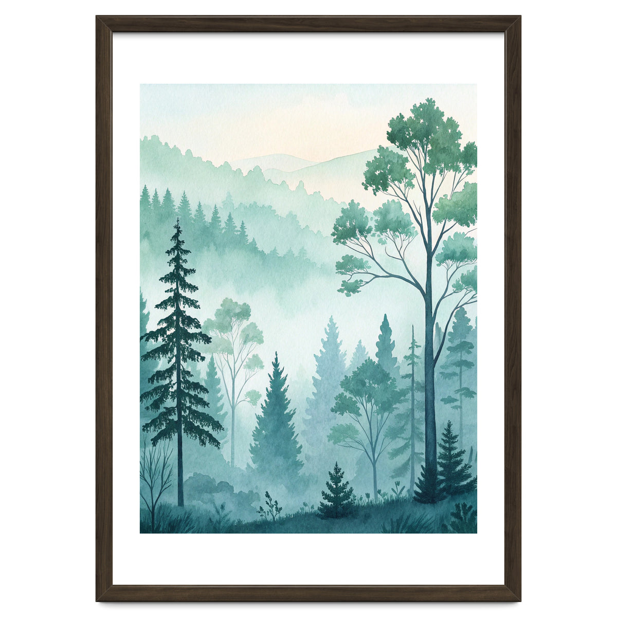 Ethereal Misty Pine Forest Watercolor Art