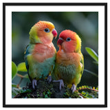 Lovebirds Pair Perched On Mossy Branch Outdoors thumbnail