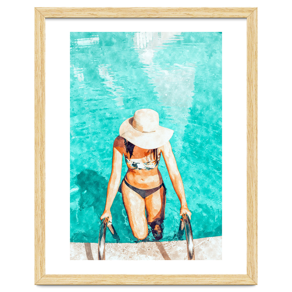 Pool Fashion | Modern Bohemian Woman Swim Watercolor Painting | Contemporary Travel
