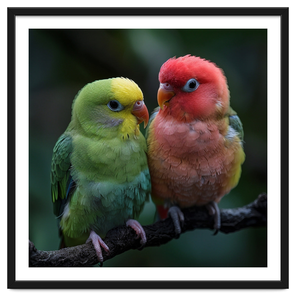 Two Lovebirds Sitting Together On A Branch