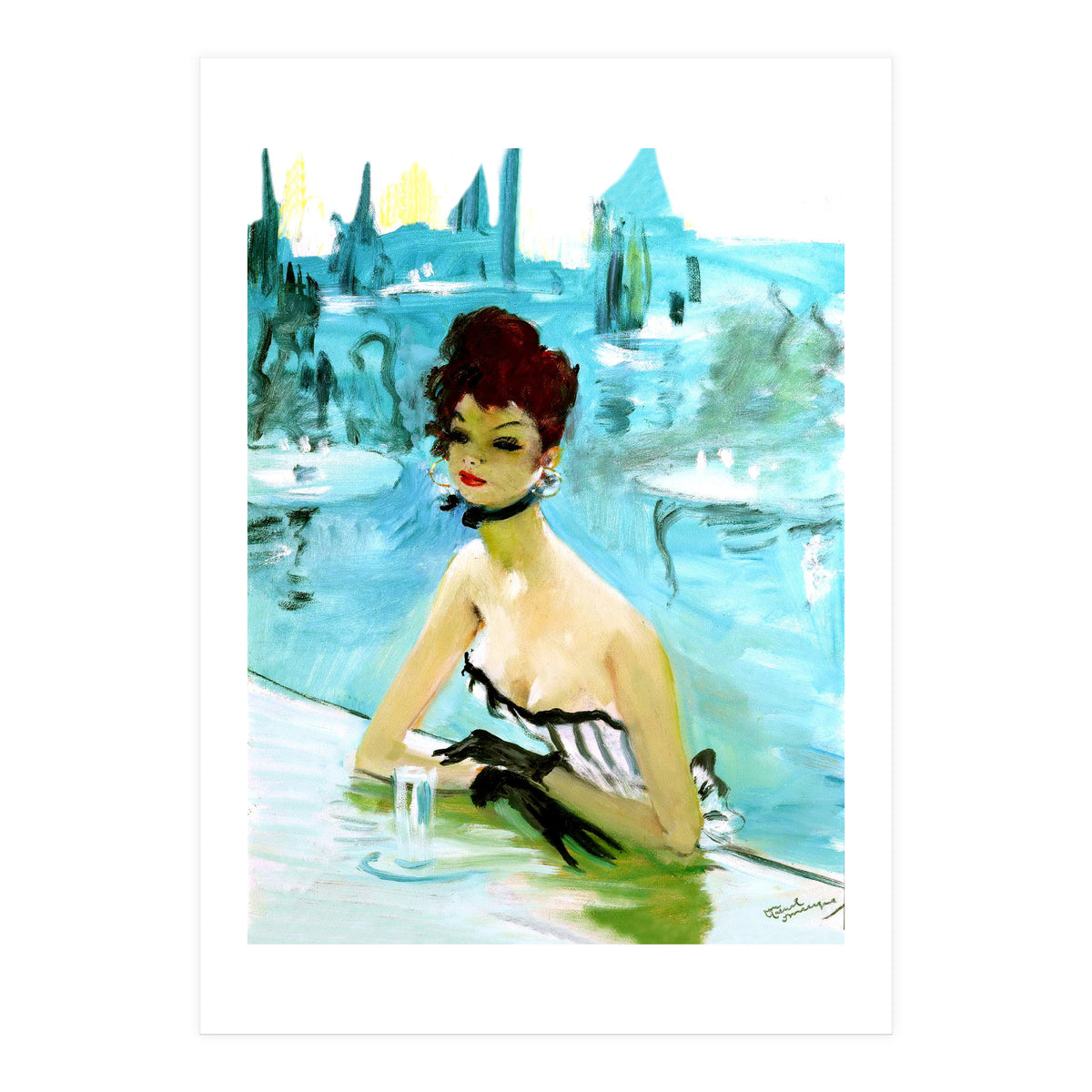 Pinup Girl In Cafe, Watercolor Painting (Print Only)