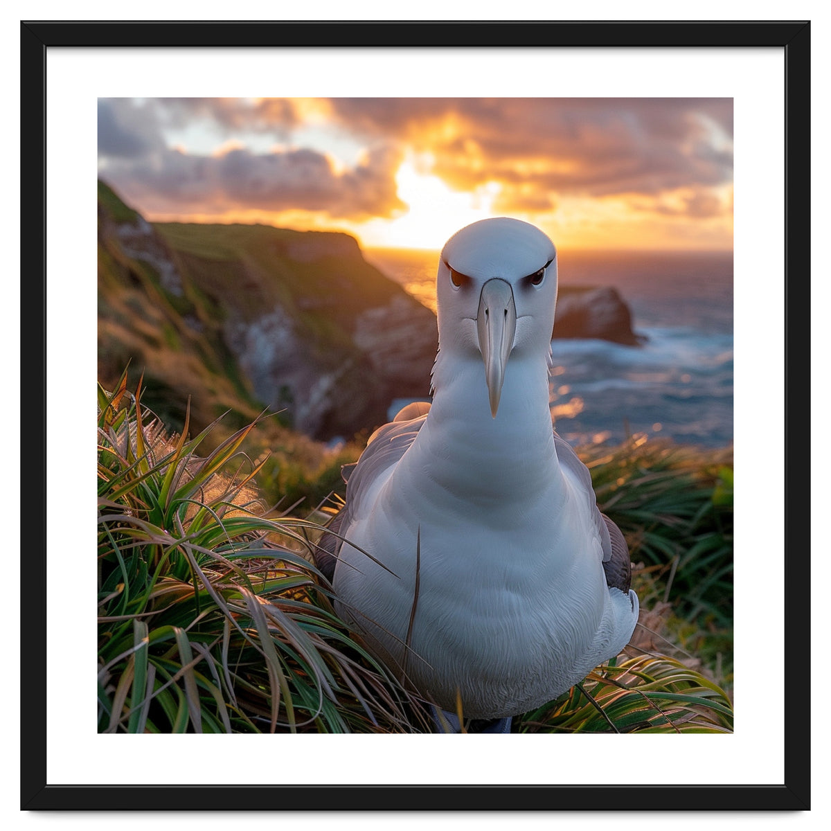 Albatross Bird On Grassy Cliff At Sunset