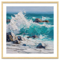 Dynamic Crashing Turquoise Ocean Wave Against Rugged Coastal Rocks