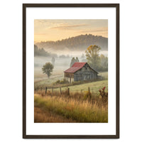 Rustic Red Roof Barn in Misty Morning Valley Landscape