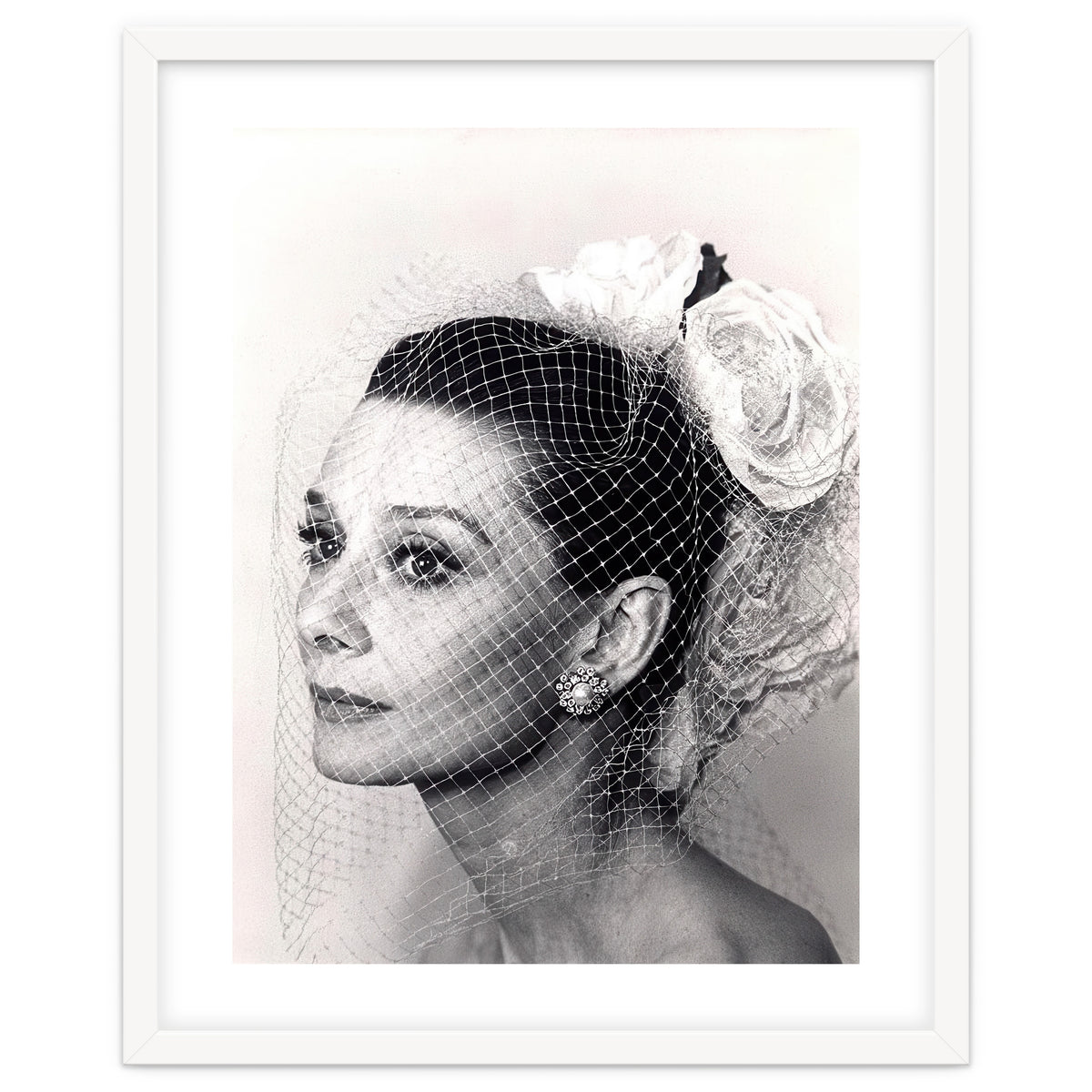 Audrey Hepburn with Veil, Classic Hollywood Glamour Photography, Black and White Icon Portrait