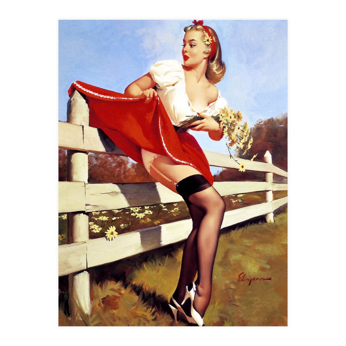 Pinup Girl Stacked On The Farm Fance (Print Only)