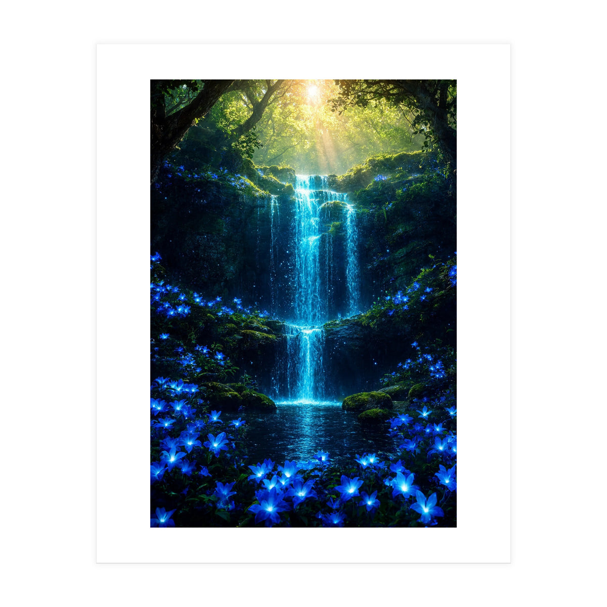 Ethereal Blue Waterfall: Magical Forest Oasis (Print Only)