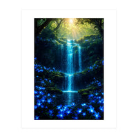 Ethereal Blue Waterfall: Magical Forest Oasis (Print Only)