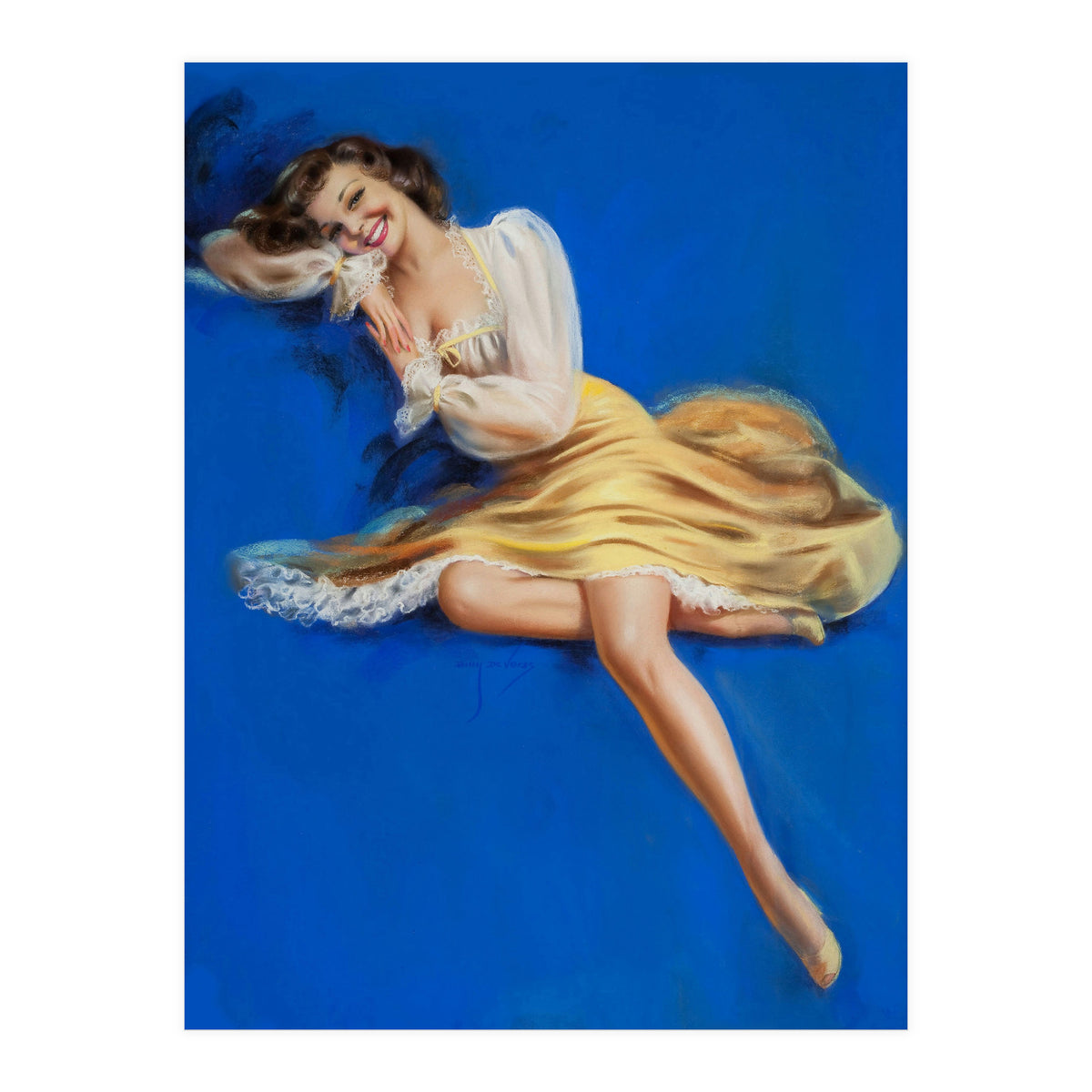 Pinup Girl Posing In Studio Over The Blue Background (Print Only)