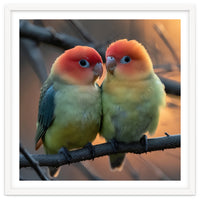 Two Lovebirds Perched On A Branch At Sunset