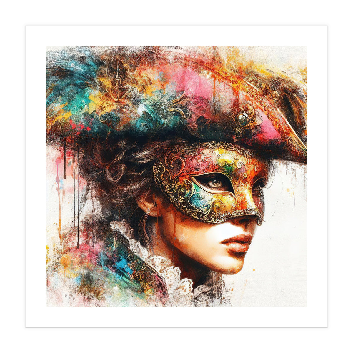 Watercolor Carnival Venetian Mask Woman (Print Only)