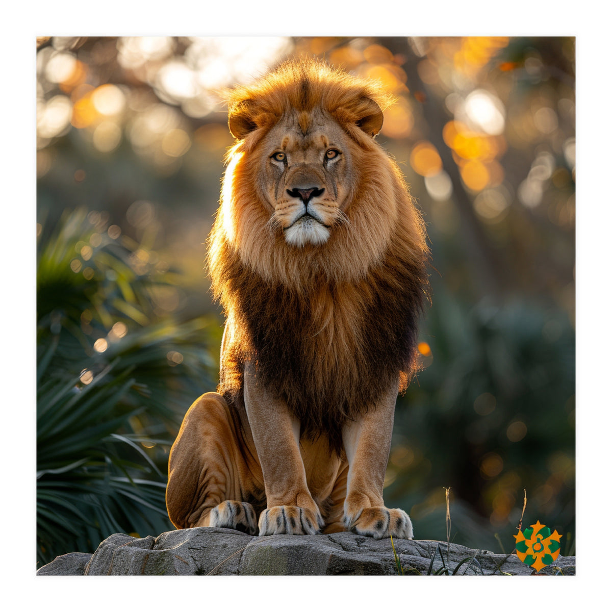 Majestic Lion Sitting On A Rock At Sunset (Print Only)