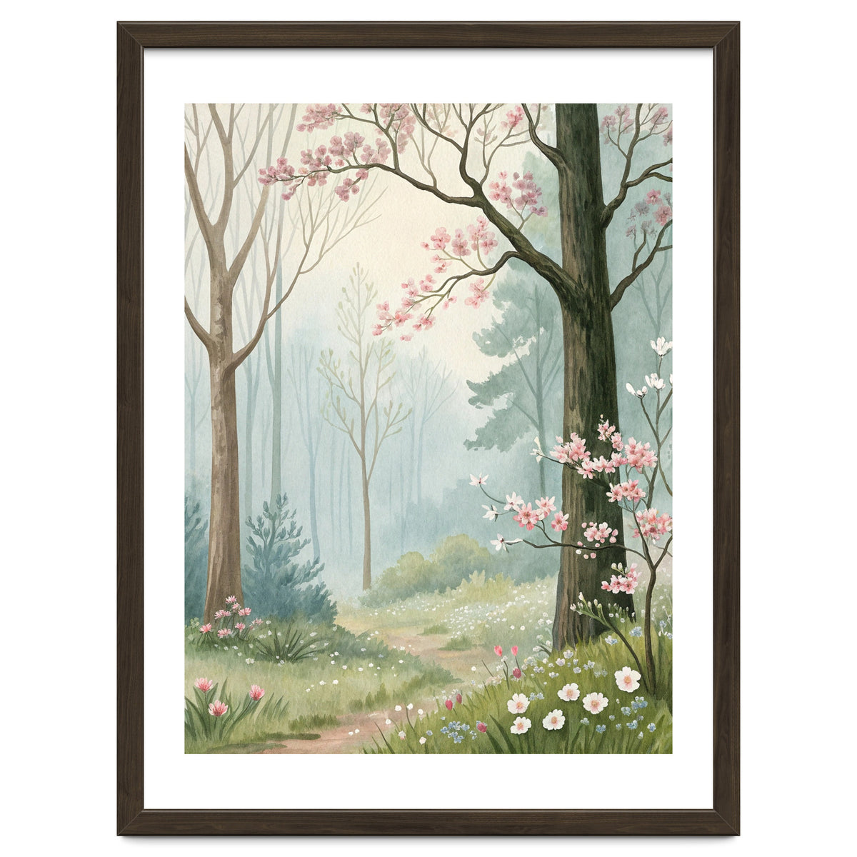Enchanted Spring Woodland Path with Blooming Cherry Blossoms and Misty Pastel Forest Atmosphere