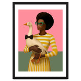 Stylish Woman Holding Goose In Striped Dress thumbnail