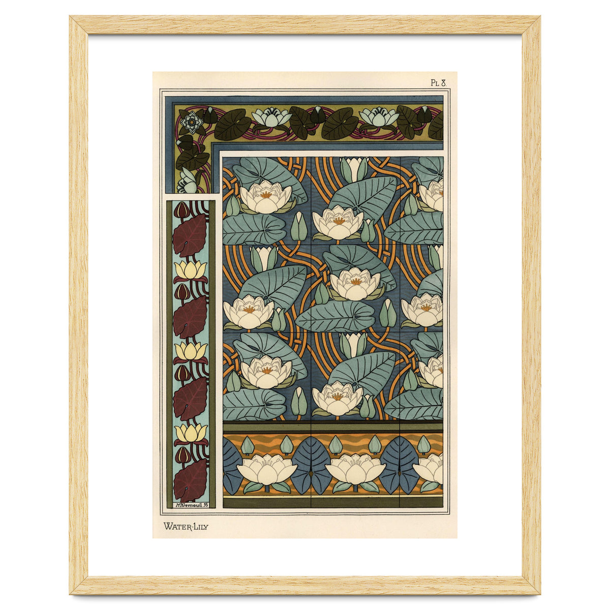 The water lily, Nelumbo lutea, in wallpaper and tile patterns. Lithograph by Verneuil.