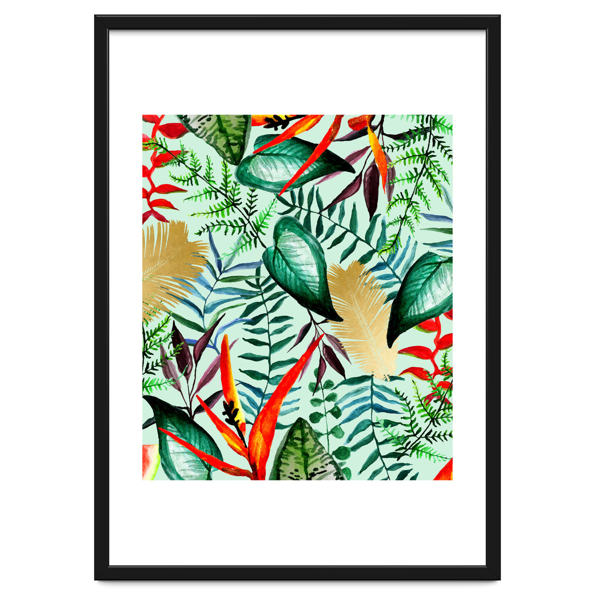 Paradise, Tropical Jungle Botanical Bohemian Illustration, Palm Bird of Paradise Gold Painting