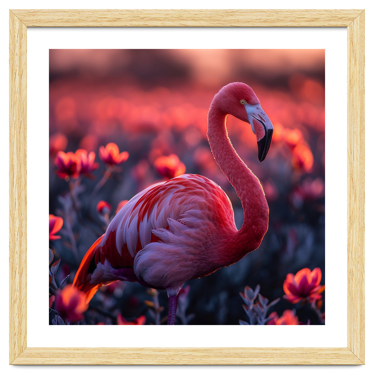 Pink Flamingo Bird Standing Among Flowers At Sunset
