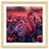 Pink Flamingo Bird Standing Among Flowers At Sunset