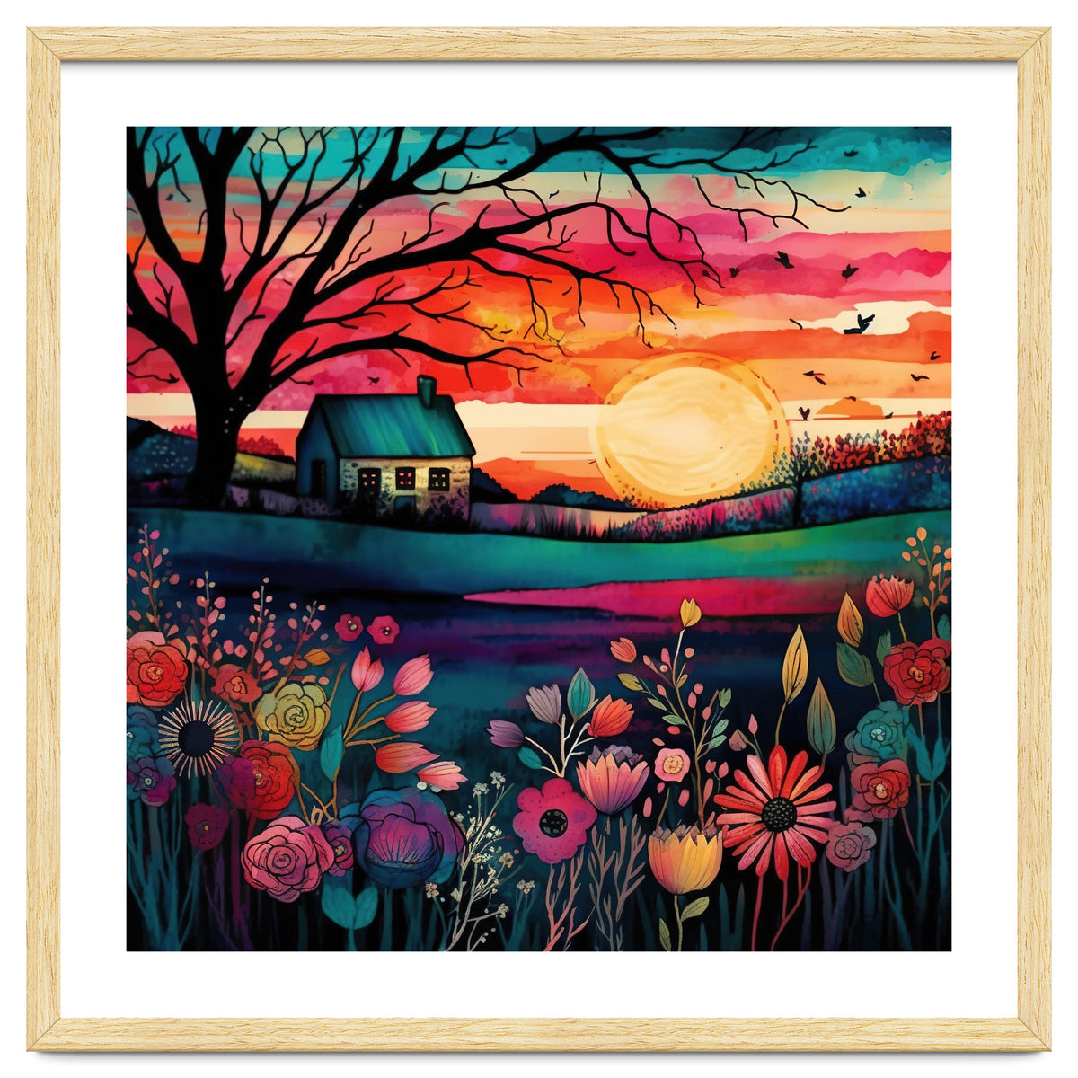 Watercolor Folk Art Sunset Landscape
