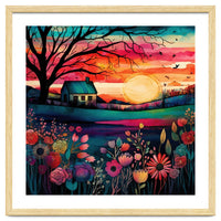 Watercolor Folk Art Sunset Landscape