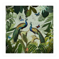 Vintage Exotic Asian Peacocks In Tropical Jungle Landscape (Print Only)