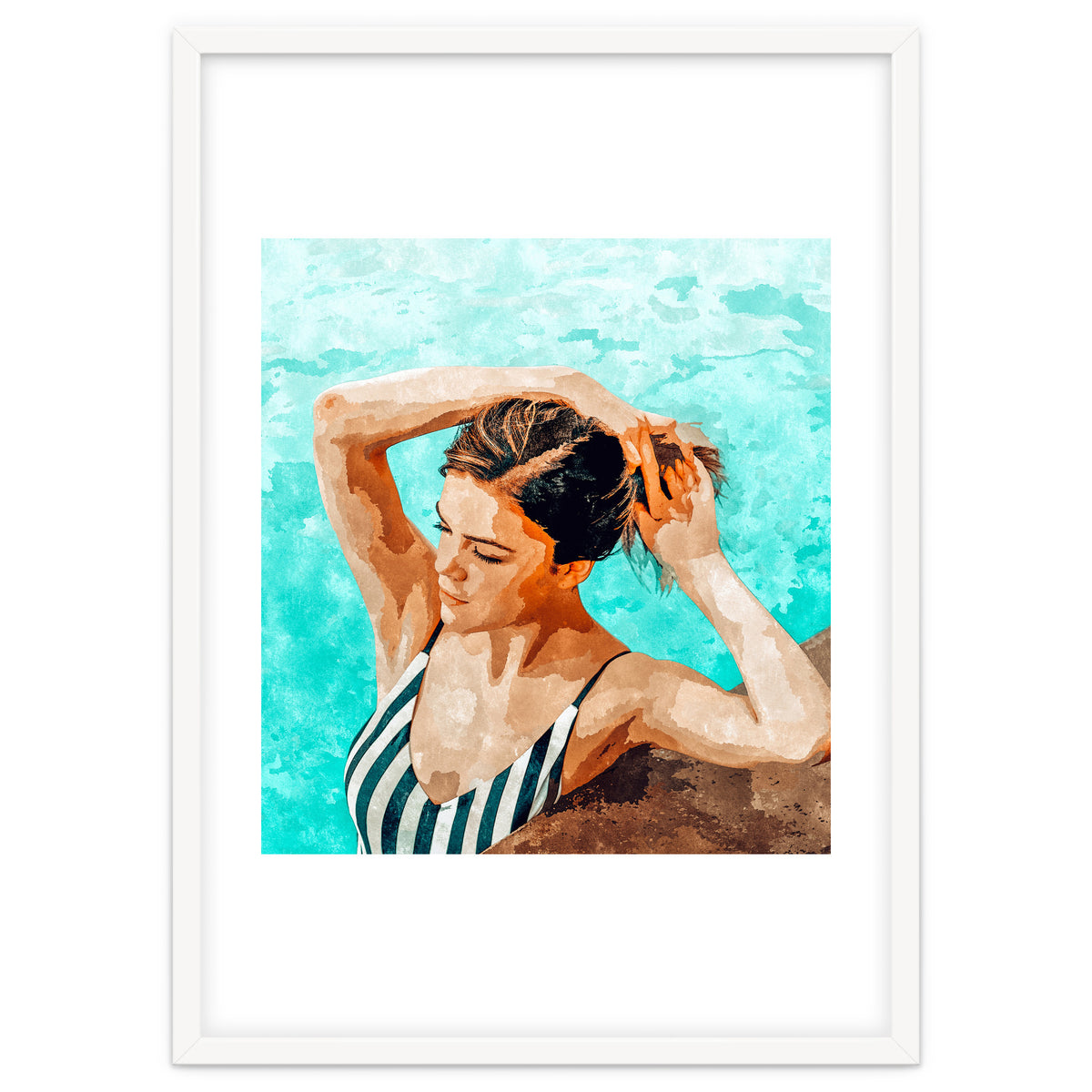 Simulacrum | Modern Bohemian Woman Swim | Summer Swimming Pool Fashion Watercolor Painting