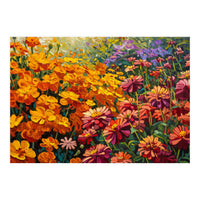 Radiant Summer Zinnia and Marigold Meadow Oil Painting (Print Only)