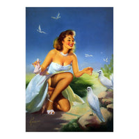 Beautiful Pinup Girl Feeding White Pigeons (Print Only)