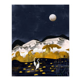 Midnight Lake, Stork Wildlife Animals Abstract Painting, Nature Landscape Travel Adventure Full Moon Night, Eclectic Gold Birds Magical Bohemian (Print Only) thumbnail
