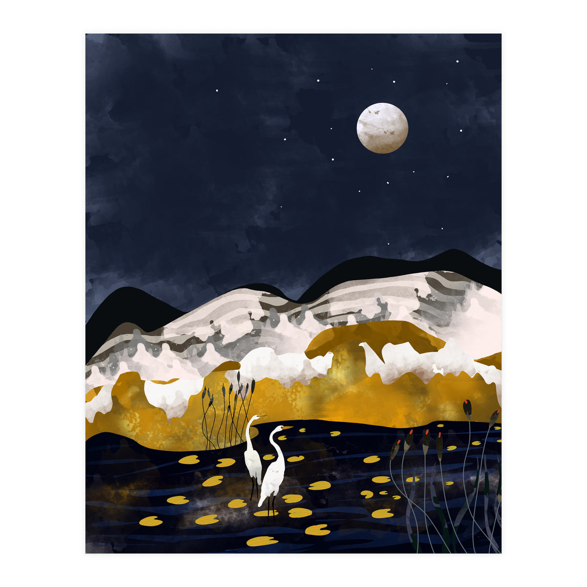 Midnight Lake, Stork Wildlife Animals Abstract Painting, Nature Landscape Travel Adventure Full Moon Night, Eclectic Gold Birds Magical Bohemian (Print Only)