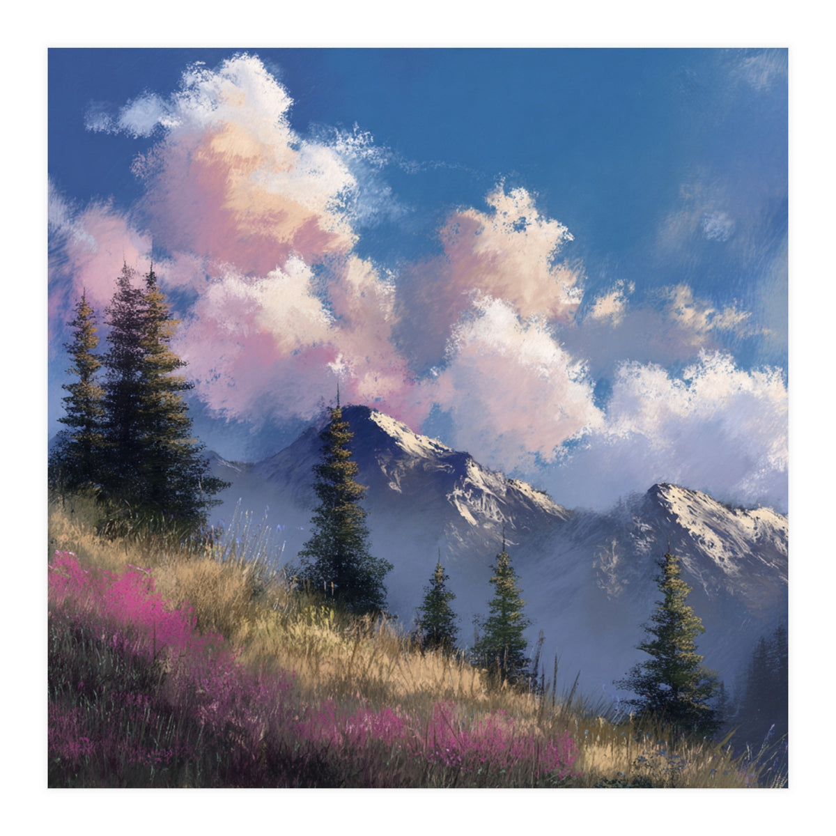 Alpine Summer Meadow with Vibrant Wildflowers and Snow (Print Only)