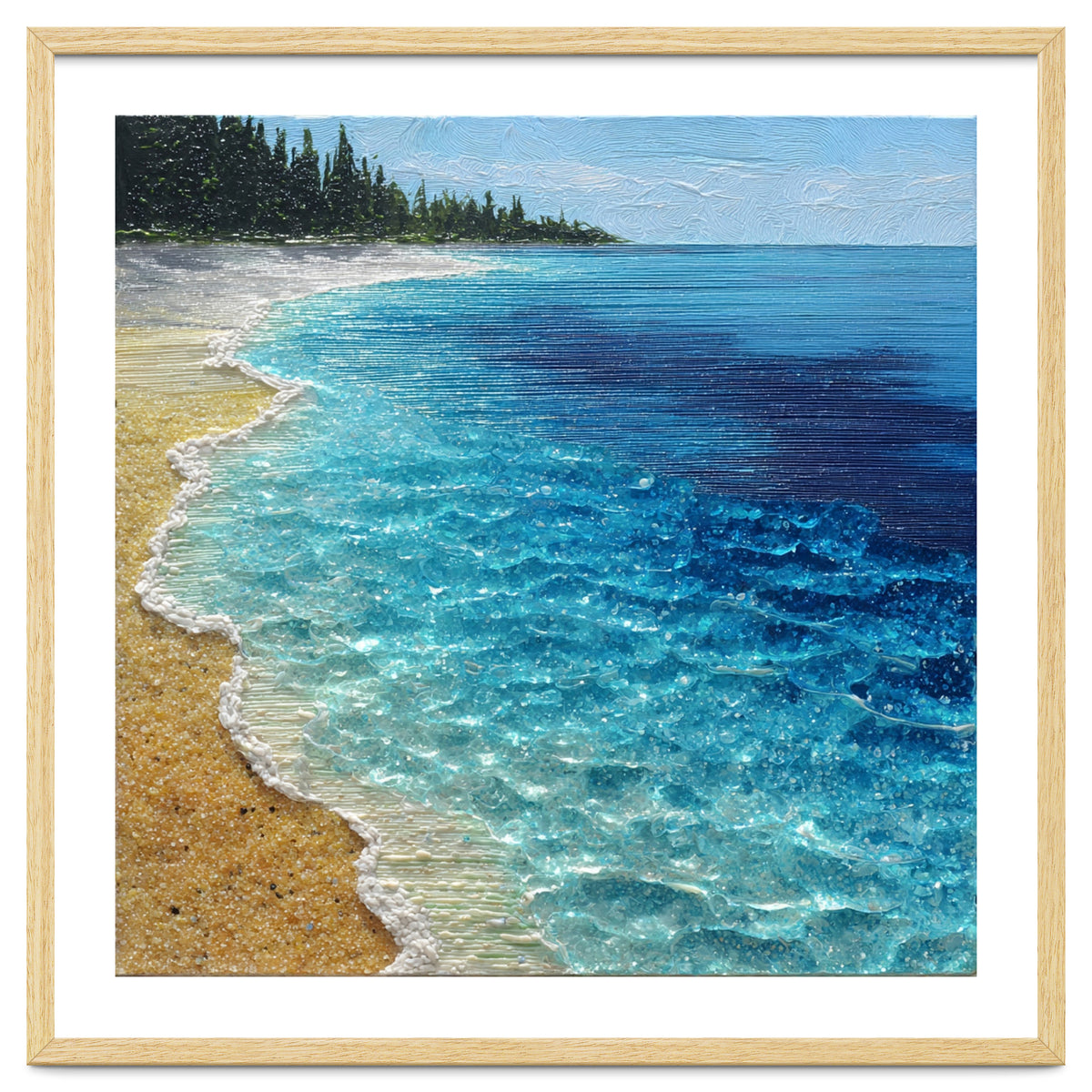 Sun-Drenched Coastal Shoreline with Textured Impasto Waves