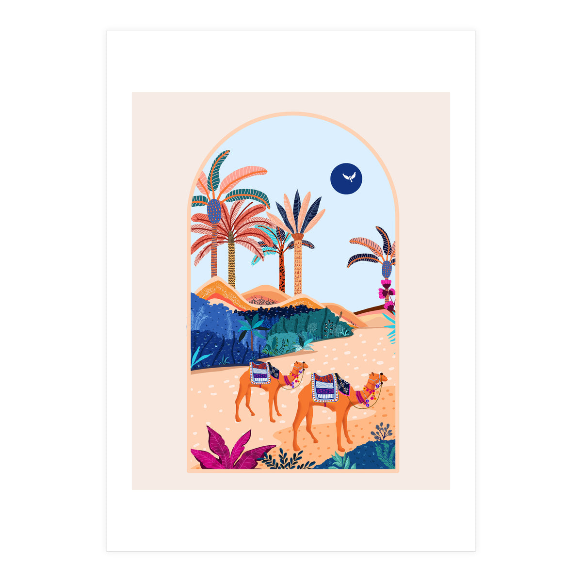 The Arabian Desert, Nature Landscape Travel Illustration, Camels Eclectic Sand Dunes Dubai Palm, Sahara Middle East Hot Summer Animals Bohemian (Print Only)