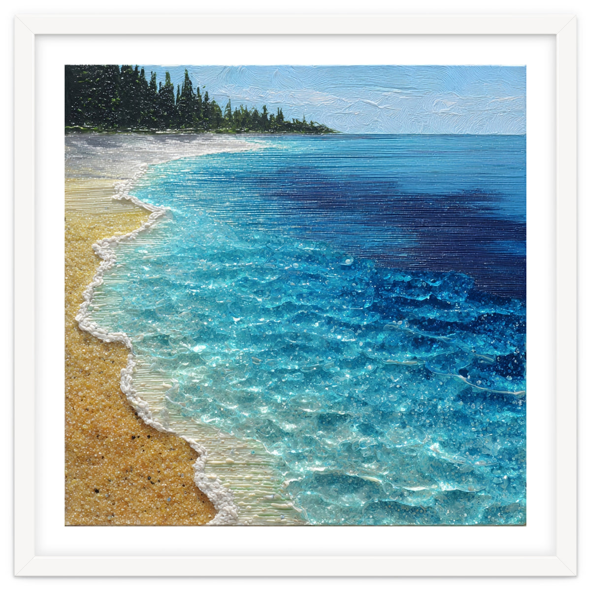 Sun-Drenched Coastal Shoreline with Textured Impasto Waves