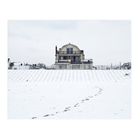 Footprints and house in winter snowscape (Print Only)