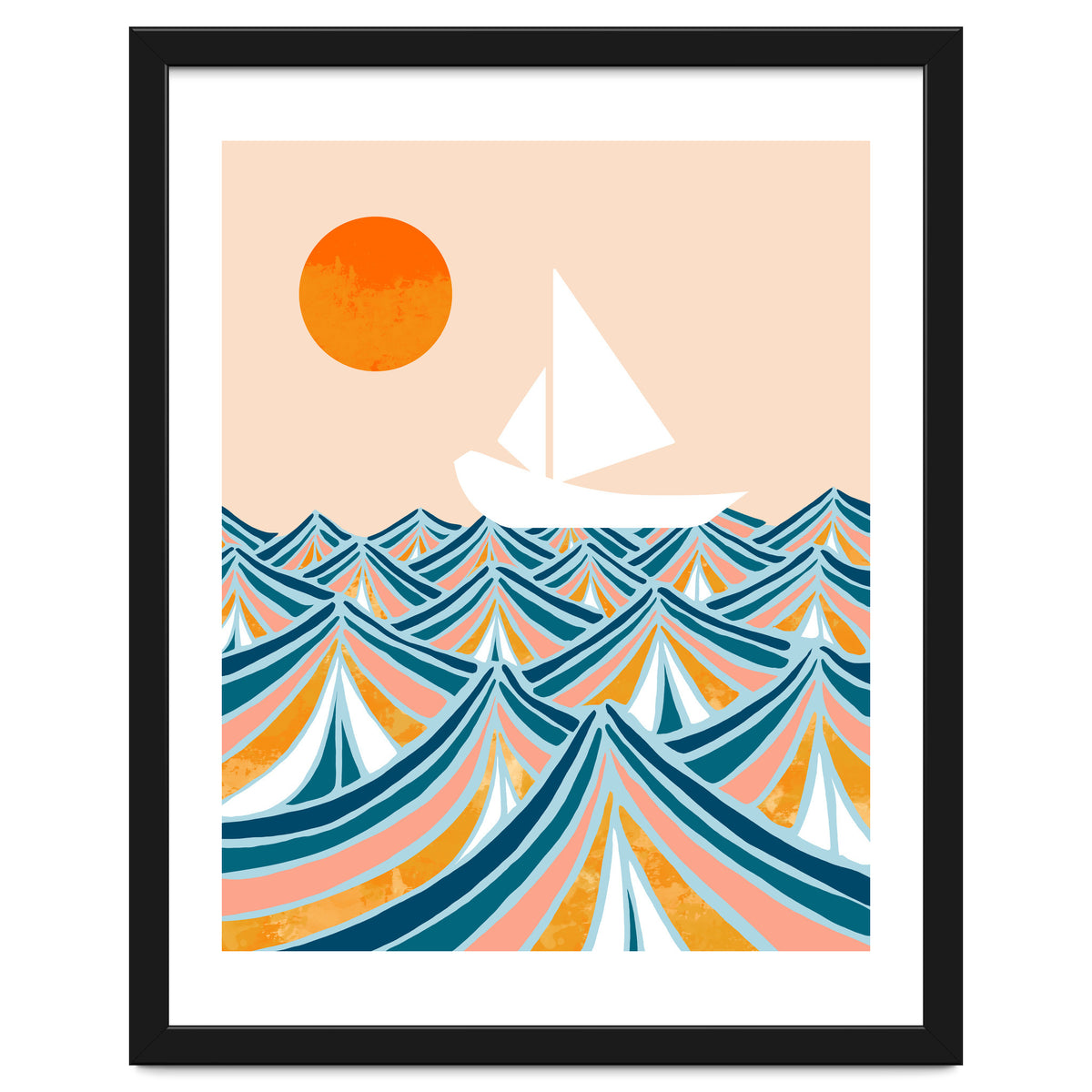 Set Sail, Ocean Boat Sailing Travel, Sea Cruise Summer Waves, Graphic Design Bohemian Modern Eclectic