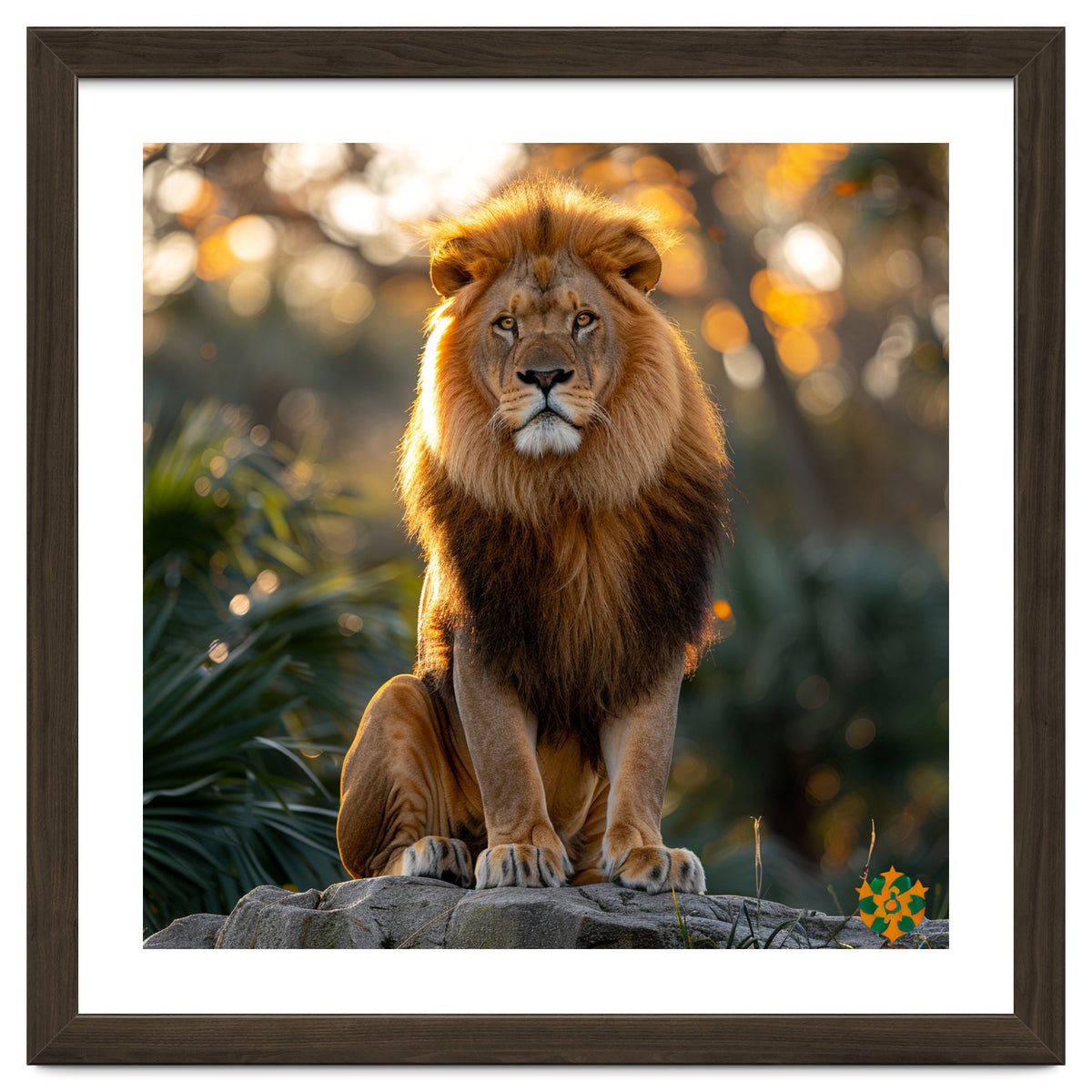 Majestic Lion Sitting On A Rock At Sunset