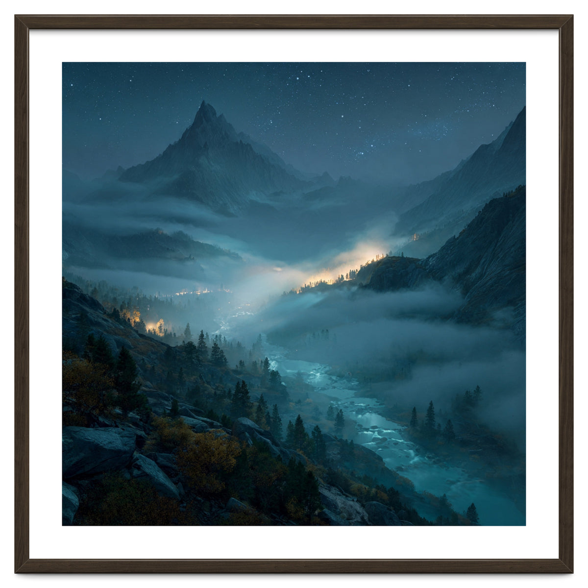 Moonlit Alpine Valley at Night with Shimmering River